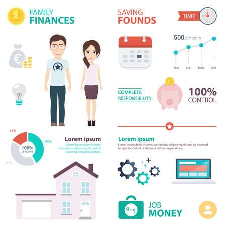 Infographic with Recommendations to Spouses on How to Get Money to Buy a House. Vector Flat Illustration.のイラスト素材