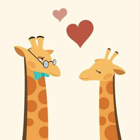 Vector Flat Illustration of a Cute Couple of Giraffes in Love.のイラスト素材