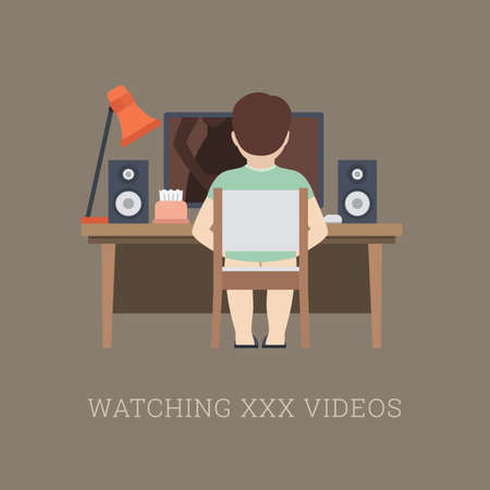  Illustration in Flat Style of a Middle Aged Man is Seating on the Chair in his Bedroom and Masturbating While Watching Online Porn on Adult Website.のイラスト素材