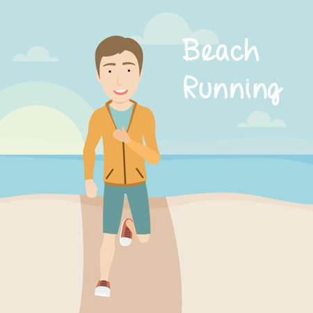 Flat Illustration of a Man Running on a Beach at Sunset with a Sea on the Background.のイラスト素材
