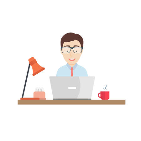 Flat Illustration of a Freelance Worker with His Laptop.のイラスト素材