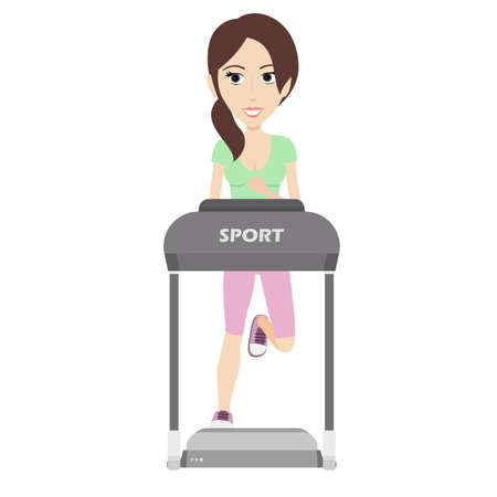 Flat Illustration of an Attractive Sporty Looking Woman Running on a Treadmill.のイラスト素材