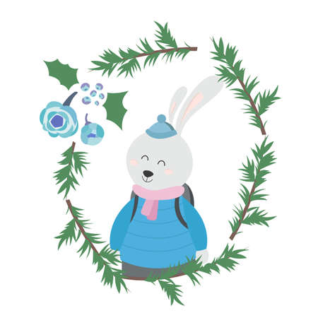Flat Illustration of a Bunny in Winter Clothes Standing inside Wreathのイラスト素材