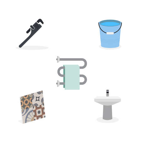 Vector Flat Illustration of the Different Bathroom Icons Including Heated Towel Rail, Sink, Ceramic Tile, Adjustable Wrench and Bucket.のイラスト素材