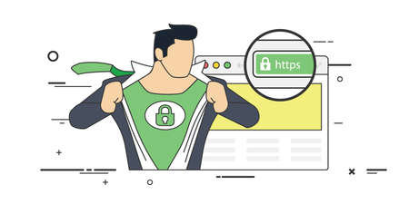Conceptual Vector Illustration of a Strong Man with Hand lock Sign on his Chest Depicting the Most Secured Extended Validated SSL certificate.のイラスト素材
