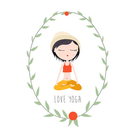 Vector Flat Illustration of a Girl in Lotus Pose Doing Yoga.のイラスト素材