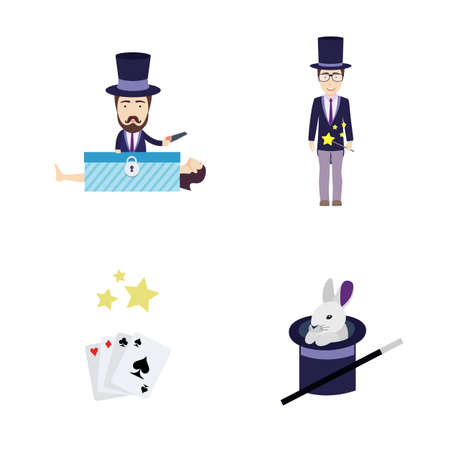 Set of Vector Flat Illustrations on a Theme of Magic. Includes Rabbit in Hat, Cards, Magician with Saw, Woman in Box and Magician with Magic Stick.のイラスト素材