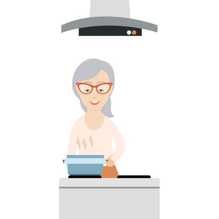 Vector Flat Illustration of an Old Woman Cooking in the Kitchen.のイラスト素材