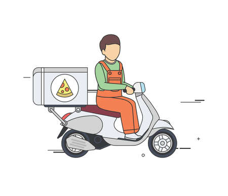Vector Flat Illustration of a Pizza Delivery Boy on a Vintage Scooter.のイラスト素材