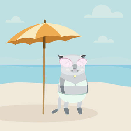 Illustration of a Cat Character on a Sunny Beachのイラスト素材