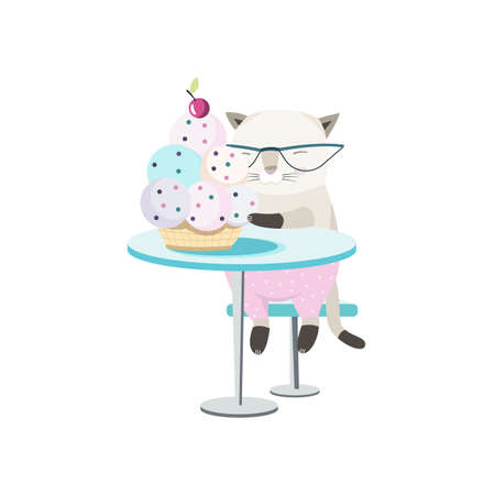 Illustration of a Cat at the Cafe Table Eating Ice Creamのイラスト素材