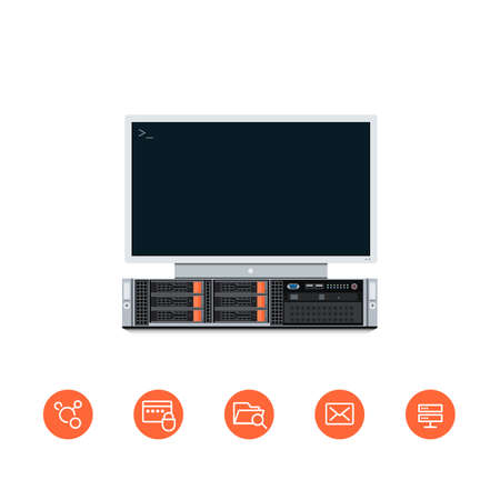 Illustration of a Server Unit with Monitor set to it and Flat Styled Iconsのイラスト素材