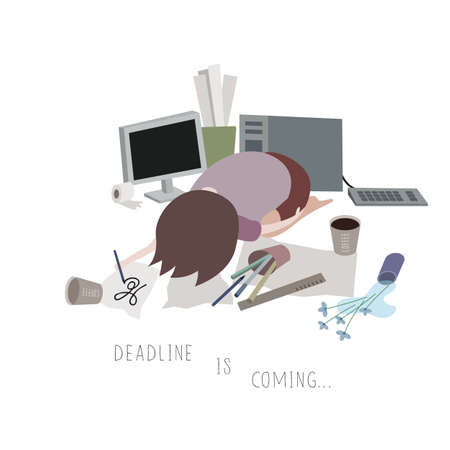 Illustration of a Man Sleeping on His Working Materials Which Means That Deadline is Coming Closerのイラスト素材