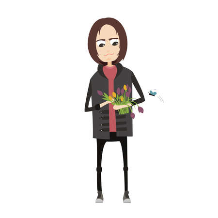 Illustration of a Man Wearing Punk Rock Style Clothes with Flowers in Handsのイラスト素材