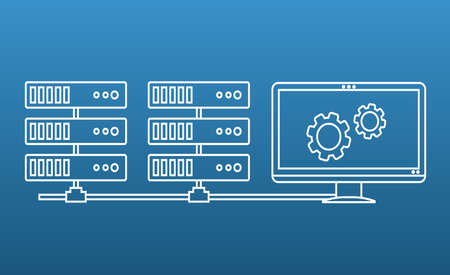 Illustration in Outline Style of a Computer Screen and a Couple of Server Racksのイラスト素材