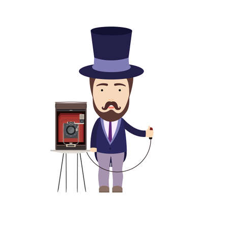 Illustration in Flat Style of an Early Twentieth Century Retro Photographer with Vintage Cameraのイラスト素材
