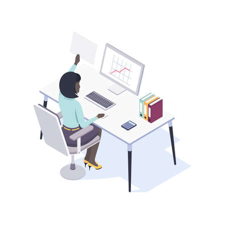 Afro-American Female Office Worker Seating at the Desk Using Mouse and Computer. View from the Back. Vector Illustration in Isometric Style.のイラスト素材