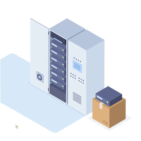 Vector Illustration in Isometric Style of a Server Cabinets and a Box with New Serversのイラスト素材