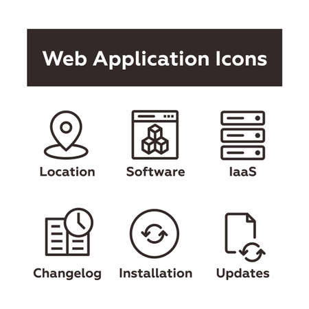 Set of Vector Icons in Outline Flat Style. Includes Geo Location Tag, Web Based Software, IaaS Icon, Changelog, Installation, Updates.のイラスト素材