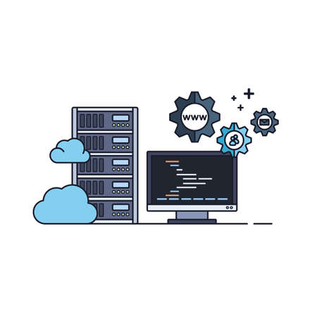 Administration of Server and Cloud Hosting Service. Vector Illustration in Flat Outline Style.のイラスト素材
