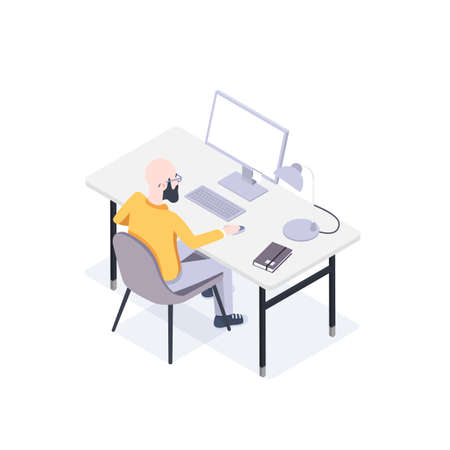 Man Seats at a Computer at His Workplace. Vector Illustration in Flat Isometric Style.のイラスト素材