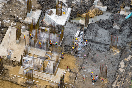 Aerial view of foundation work on a construction site.