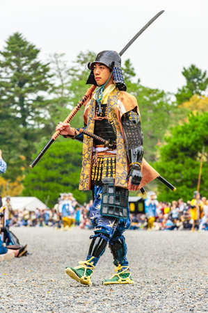 Kyoto, Japan - October 22, 2016: Festival of The Ages, an ancient costume parade held annually. Each participant dressed in an authentic costume of a character in different Japanese feudal periods.のeditorial素材
