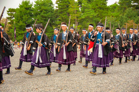 Kyoto, Japan - October 22, 2016: Festival of The Ages, an ancient costume parade held annually. Each participant dressed in an authentic costume of a character in different Japanese feudal periods.のeditorial素材
