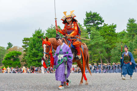 Kyoto, Japan - October 22, 2016: Festival of The Ages, an ancient costume parade held annually. Each participant dressed in an authentic costume of a character in different Japanese feudal periods.のeditorial素材
