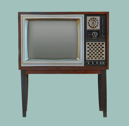 Vintage TV. Old retro TV set in wooden cabinet on isolated green background with clipping path.の写真素材