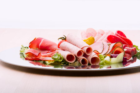 Food tray with delicious salamiの写真素材