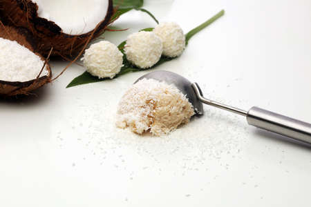 Half of coconut with fresh ice cream on whiteの写真素材