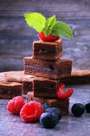 homemade chocolate brownies on grey backgroundの写真素材