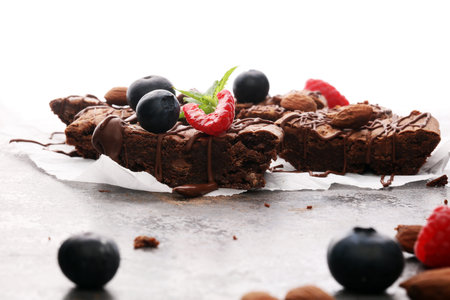 homemade chocolate brownies on grey backgroundの写真素材