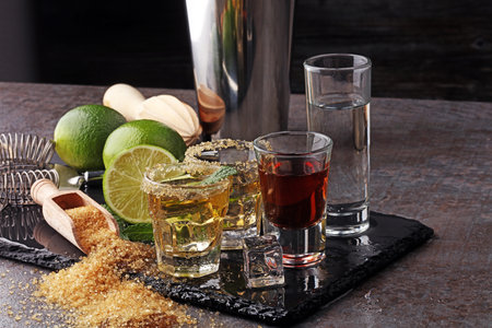 Selection of alcoholic drinks on black rustic stone plate