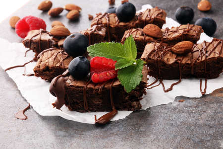 homemade chocolate brownies on grey backgroundの写真素材