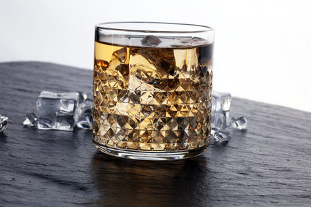 glass of whiskey with ice on a wooden