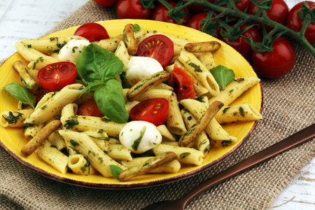 Traditional Italian penne pasta, fresh mozzarella, fresh tomato and sun dried tomato mealの写真素材