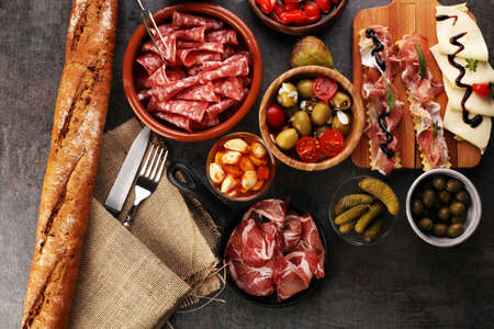 spanish tapas and sangria on wooden tableの写真素材