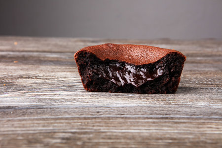Delicious chocolate cakes on wooden background chocolate brownieの写真素材