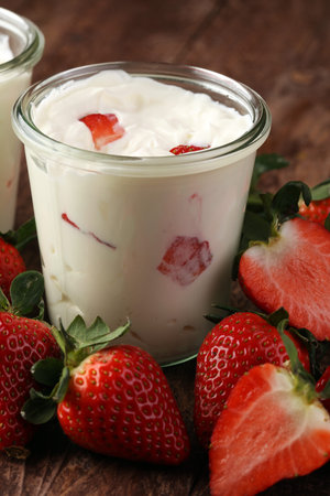 yogurt with fresh strawberriesの写真素材