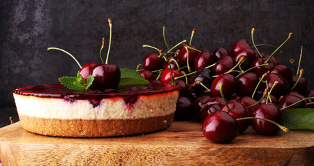 Home made cherry cake with vanilla and black cherries on wooden table