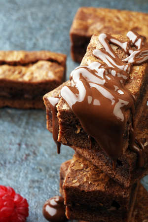 homemade chocolate brownies on grey backgroundの写真素材