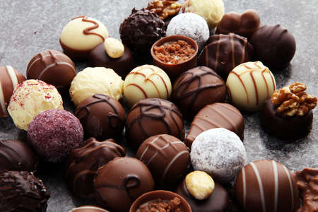 a lot of variety chocolate pralines, belgian confectionery gourmet chocolate