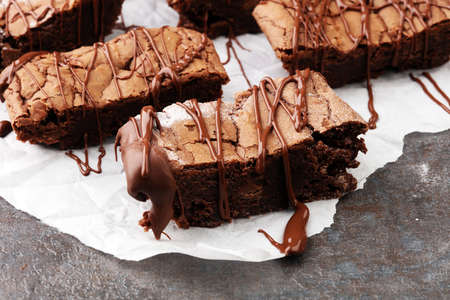 homemade chocolate brownies on grey backgroundの写真素材