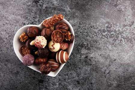 a lot of variety chocolate pralines, belgian confectionery gourmet chocolateの写真素材