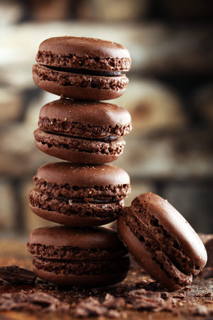 macarons sweet chocolate macaron French on wooden tableの写真素材
