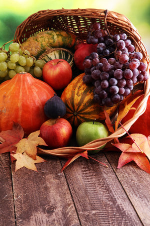 Autumn nature concept. Fall fruit and vegetables on wood. Thanksgiving dinner.