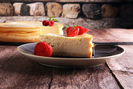Homemade cheesecake with fresh strawberries and mint for dessert - healthy organic summer dessert pie cheesecake. Vanilla Cheese Cake.の写真素材