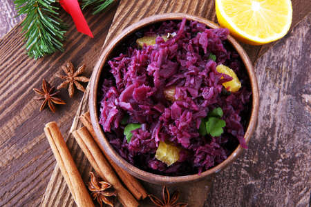 Red Cabbage salad with orange and pecan nuts for Christmas dinner. Vegetarian dishの写真素材